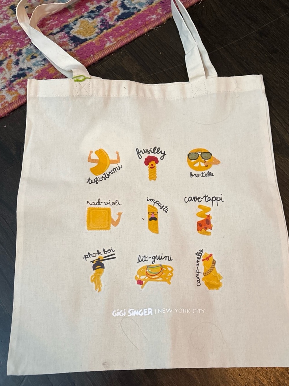 Pasta Cream Printed Tote Bag with Yellow Accents
